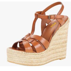 FSJ Brown Open Toe Espadrille Platform Ankle Strap Wedge Woven Cutout Sandals